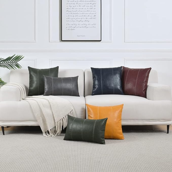 Fancy Homi 2 Packs Burgundy Lumbar Faux Leather Decorative Throw Pillow Covers 12x20 Inch for Outdoor Couch Bed, Modern Farmhouse Boho Home Decor, Wine Red Hand Stitched Cushion Case 30x50 cm