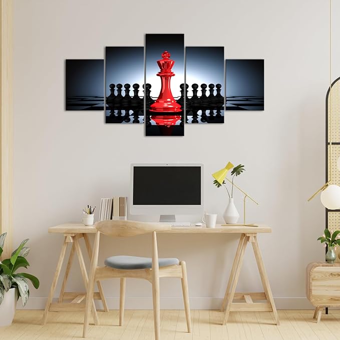 iHAPPYWALL Large 5 Pieces Modern Black And Red King And Knight Chess Pictures Print Canvas Wall Art for Home Chess Game RoomLiving Room Decor Ready To Hang