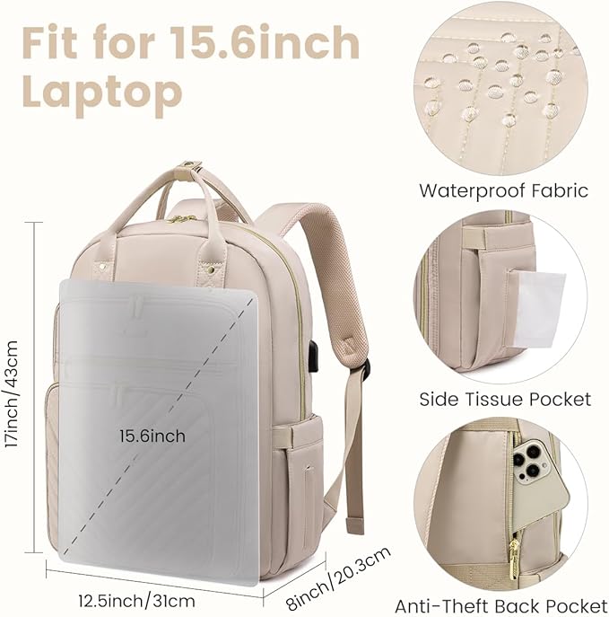 LOVEVOOK Laptop Backpack Women Teacher Backpack,15.6 Inch Laptop Bag with USB Port,Waterproof Daypack for Work Travel Antiquewhite
