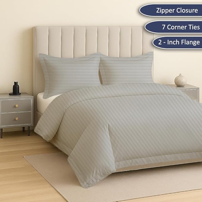 eBeddy Linens 800 TC Ultra Silky Soft Egyptian Cotton Super King Plus 120x120 Size 3-Pieces Duvet Cover Hidden Zipper Closer & Corner Ties Durable and Fade Resistant, Silver Grey Striped