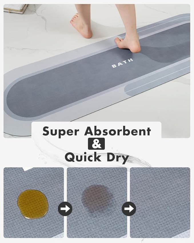 MontVoo Bath Mat Runner - Long Non Slip Absorbent Quick Dry Thin Bath Rug for Bathroom Floor Mat - Rubber Backed - Stain Resistant - Easy Care - Blue17 x50