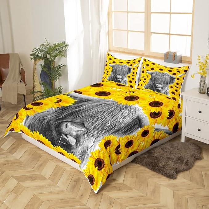 Feelyou Highland Cattle Duvet Cover Set Sunflower Printed Comforter Cover for Kids Adults Cow Bedding Set 1 Duvet Cover & 1 Pillowcase