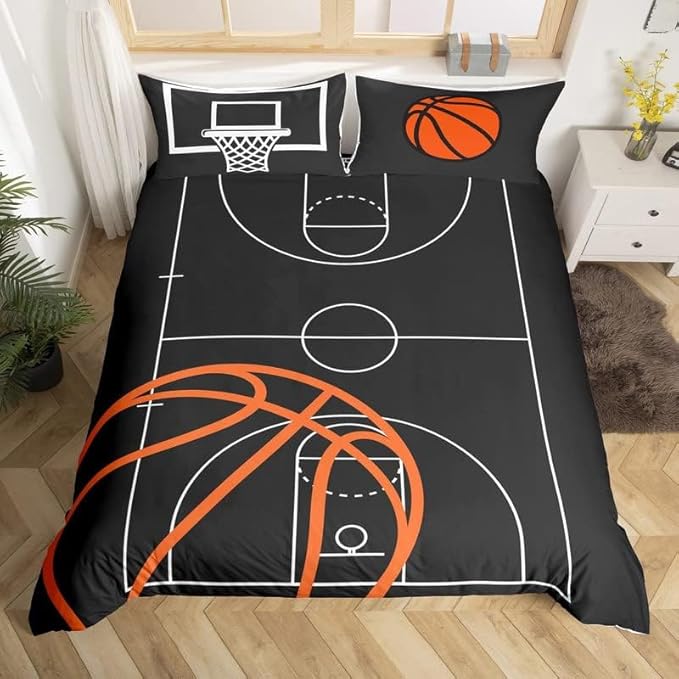Basketball Court Print Duvet Cover Set Queen Size, Ball Sports Games Theme Bedding Set with 2 Pillowcases, Orange Basketball and Hoop Polyetser Quilt Cover (No Comforter), Kids Boys Bedroom Decor