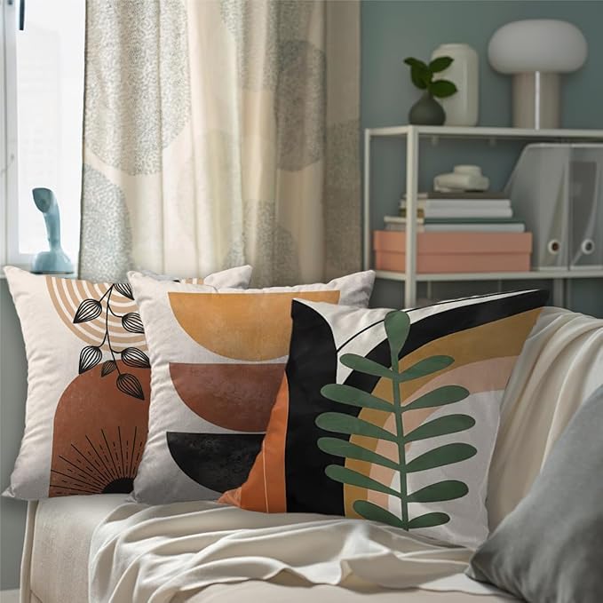 Boho Mid Century Modern Throw Pillow Covers Set of 6, Sun Moon Arch Leaves Abstract Home Decor Farmhouse Decorative Cushion Covers 18"X18"