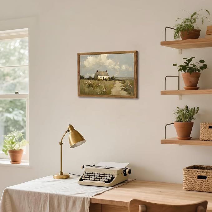 Vintage Farmhouse Wall Art, Country Cottage Wall Decor Paintings, Framed 3D Textured Hand Drawn Sandstone Natural Countryside Landscape Artwork for Bedroom Living Room 16x24 inch Wood Frame