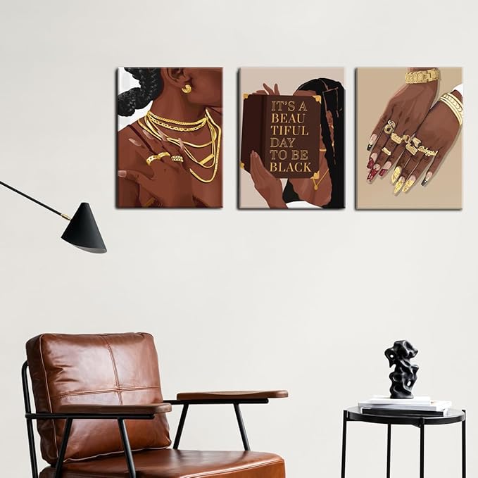 Marllifenney 3 Pcs Black Woman Wall Art Framed Black Girl Posters Abstract African American Canvas Prints Black Women Painting Decor Modern Boho Female Pictures for Bedroom Living Room Office 16x24in