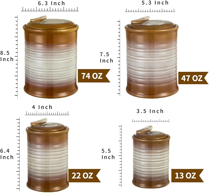 Nihow Ceramic Food Storage Jar Sets: Container with Air Tight Ceramic Lid for Flour/Sugar/Rice/Coffee/Cookies/Candy - Seal Damp-proof Canister for The Kitchen - Set of 4 (Brown)