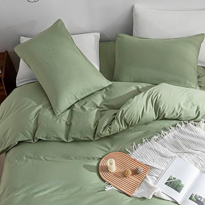 JELLYMONI Light Green Duvet Cover Twin Size - 100% Washed Cotton Linen Feel Textured Comforter Cover, 2 Pieces Breathable Soft Bedding Set with Zipper Closure (Light Green, Twin 68"x90")