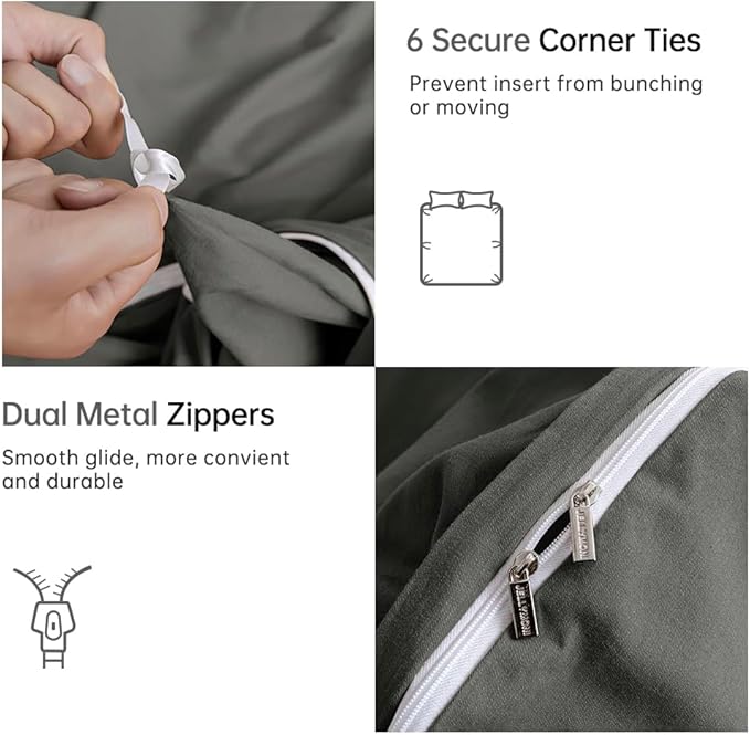 JELLYMONI Bedding Duvet Cover Queen Size - 100% Washed Cotton Linen Like Textured Comforter Cover, 3 Pieces Breathable Soft Bedding Set with Zipper Closure (Gray, Queen 90"x90")