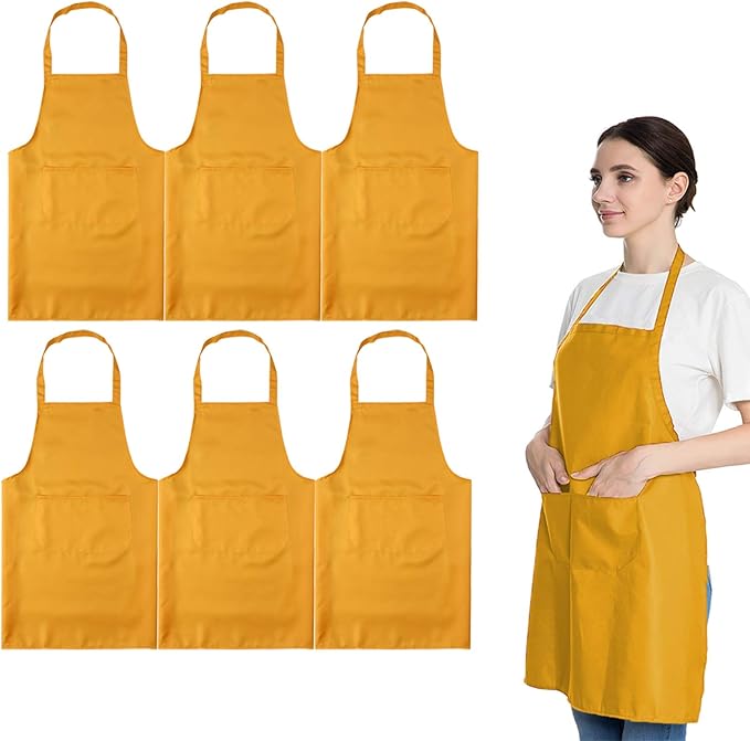 Total 6PCS Yellow Apron for Adult Women Unisex Durable Comfortable with 2 Front Pocket Washable Plain Color Bib Chef Apron for Cooking Baking Kitchen Restaurant Crafting Painting Party