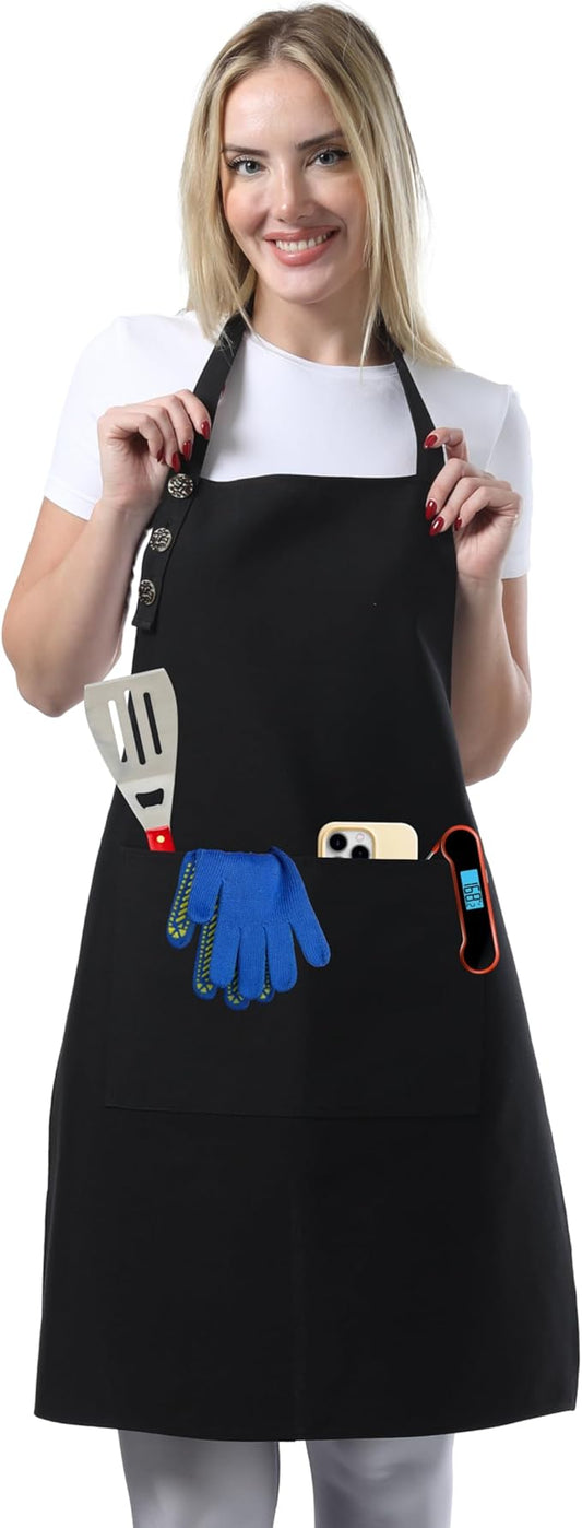TOSHE Kitchen Apron Waterdrop Resistant Cotton Apron with adjustable Aprons for Women with Pockets 10 Color option Cooking Black Apron (Black)