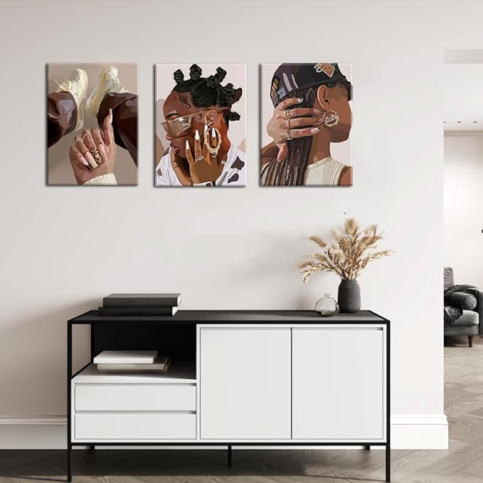 Marllifenney 3Pcs Black Girl Wall Art Framed Trendy Black Woman Decor Posters Abstract African American Canvas Prints Modern Black Women Painting Female Pictures for Bedroom Living Room Dorm 16x24in