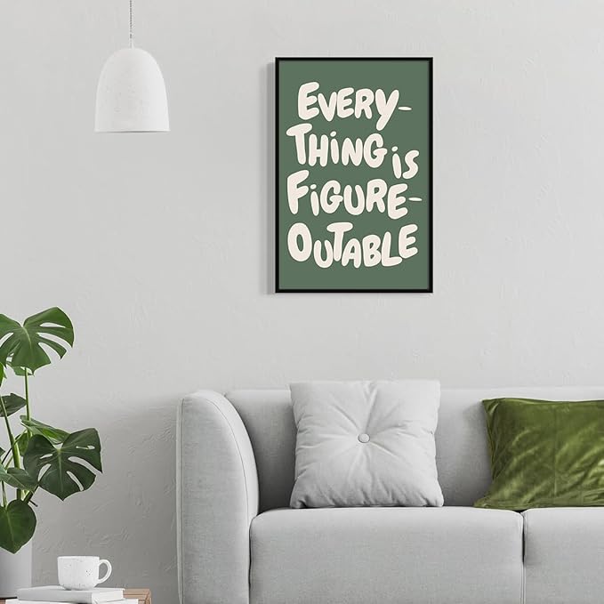 Trendy Sage Green Everything Is Figureoutable Wall Art, Office Motivational Quote Poster Wall Decor, Inspirational Positive Affirmations Wall Decor for Classroom Kids Room 24x36in Framed