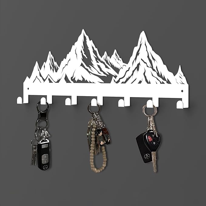Key Holder Wall Mounted Key Hooks, White Metal Key Rack Hooks, Mountain Theme Wall Decoration Hooks, with 7 Hooks, Applicable to Front Doors, Lobby,Corridor, Offices (12 ")