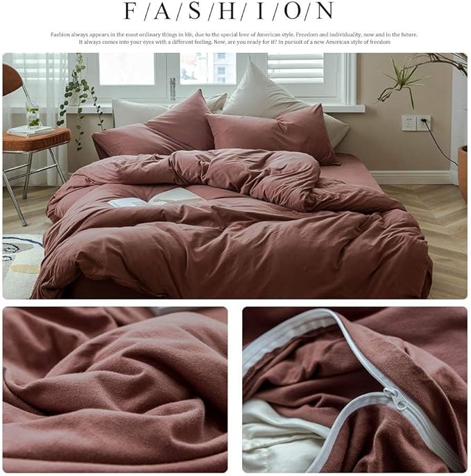 AMWAN Duvet Cover Set, Queen, Brick Red, Jersey Knit Cotton, 100% Cotton, 3 Pieces, Modern Style, Bed Linen