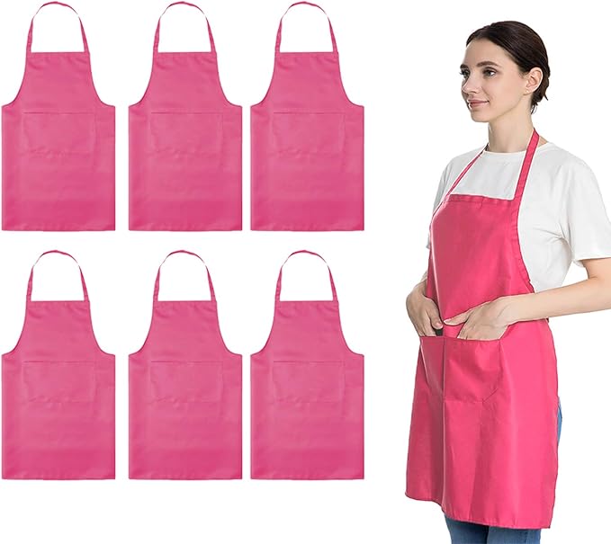 Pink 6PCS Apron for Women Adult Unisex Durable with 2 Front Pockets Washable Chef Cooking Baking Kitchen Restaurant Crafting Painting Aprons