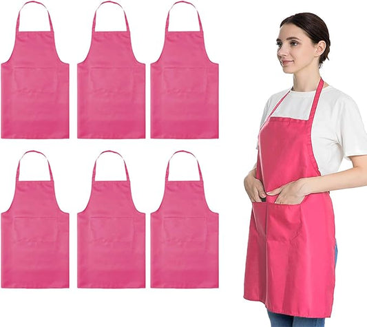 Pink 6PCS Apron for Women Adult Unisex Durable with 2 Front Pockets Washable Chef Cooking Baking Kitchen Restaurant Crafting Painting Aprons