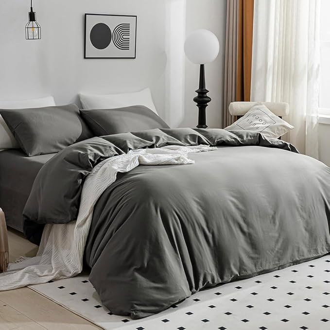 JELLYMONI Gray Duvet Cover Full Size - 100% Washed Cotton Linen Like Textured Comforter Cover, 3 Pieces Breathable Soft Bedding Set with Zipper Closure (Dark Gray, Full 80"x90")