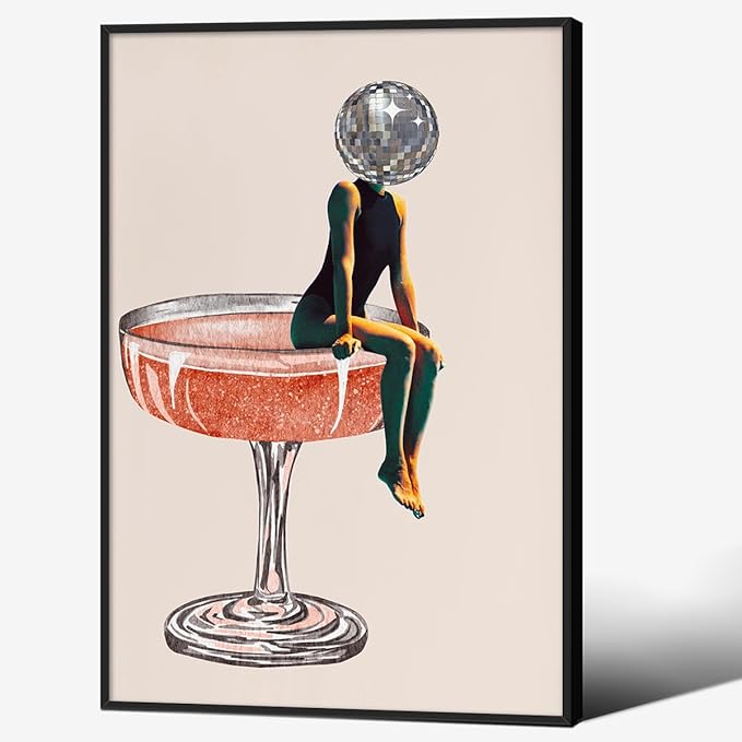 Funky Disco Ball Girly Head Poster 70s Retro Cocktail Canvas Wall Art 16x24 inch Black Framed Trendy Vintage Beige Prints Painting for Family Bar Wall Decor