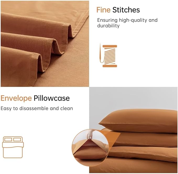 JELLYMONI Cotton Duvet Cover Twin Size - 100% Washed Cotton Linen Feel Textured Comforter Cover, 2 Pieces Breathable Soft Bedding Set with Zipper Closure (Burnt Orange, Twin 68"×90")