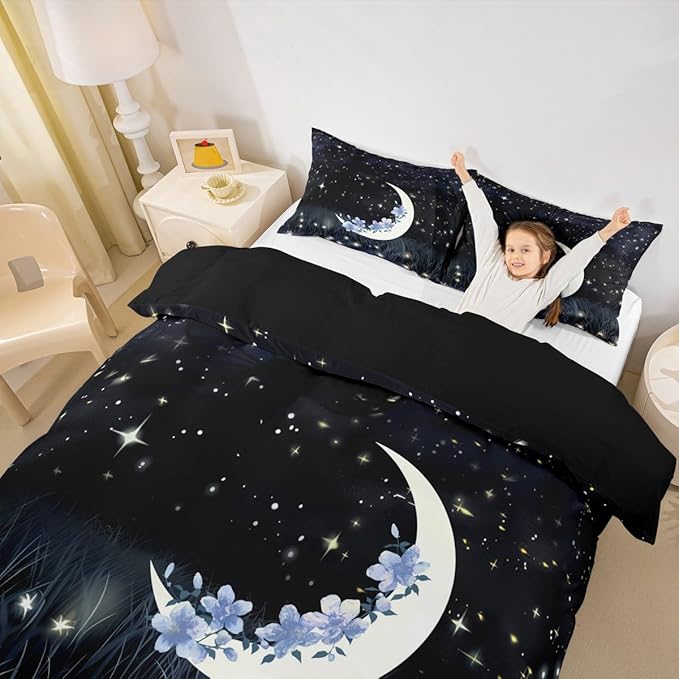 Castle Fairy Moon Duvet Cover Full Size Starry Sky Theme Bedding Set Fashion Romantic Plant Flower Galaxy Print Comforter Cover for Kids Teen Boy Girl Bedroom Decoration