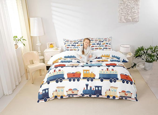 Cartoon Train Duvet Cover Full Size Transport Vehicles Comforter Cover for Teens Adults Kids Colorful Cars Bedding Set Vintage Train Tracks Breathable 3 Pieces Decorative Bed Cover(No Comforter)