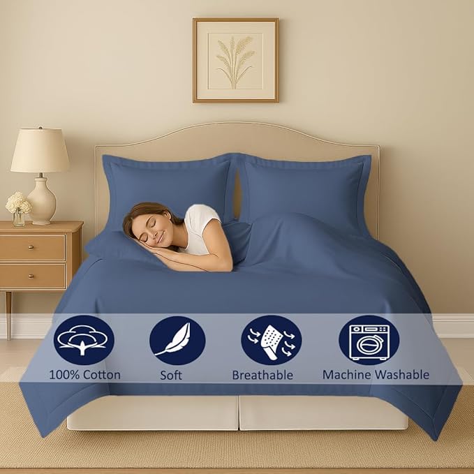 eBeddy Linens 800 TC Soft Egyptian Cotton Extra Large King 136x120 Size 3-Pieces Solid Duvet Cover Zipper Closure & Corner Ties Durable and Fade Resistant, Lake Blue