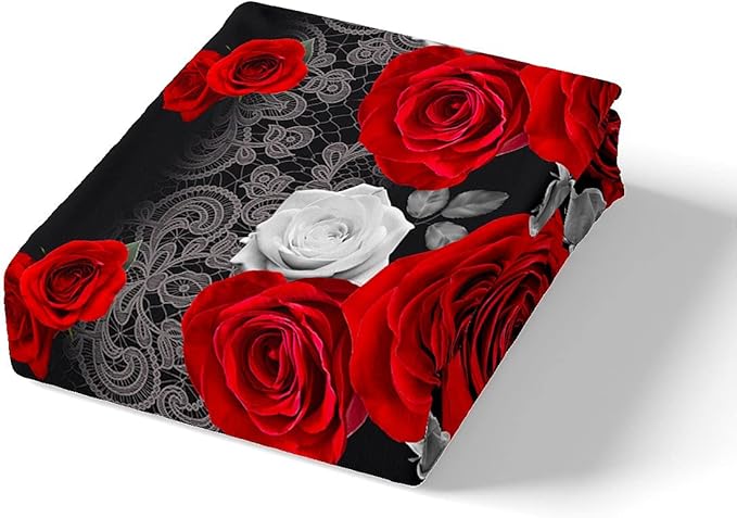 Red and White Rose Bedding Set,3D Flowers Printed Duvet Cover for Kids Teen Boys Girls,Romantic Lace Pattern Comforter Cover Decorative Room,Lover Couple Quilt Cover with 2 Pillowcases,Full Size