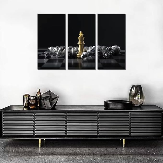 Chess Canvas Wall Art Black and Gold Wall Decor King and Queen Checkerboard Pieces Painting for Living Room Bedroom Classroom King Wins Game Pictures Prints Poster Artworks (24''H x 36''W)