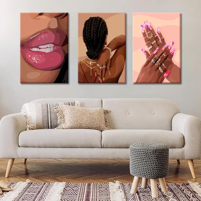Black Girl Pink Wall Art Set of 3 African American Black Women Canvas Posters Fashion Black Girl Wall Decor Pictures Prints for Home Living Room Bedroom Bathroom Decoration 16x24 Inch Framed