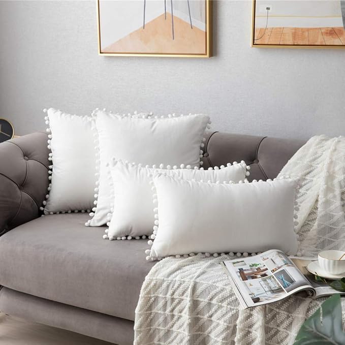 DEZENE Decorative Pillow Cases 12x20 Cream White: 2 Pack Cozy Soft Pom-poms Velvet Rectangular Throw Pillow Covers for Farmhouse Home Decor