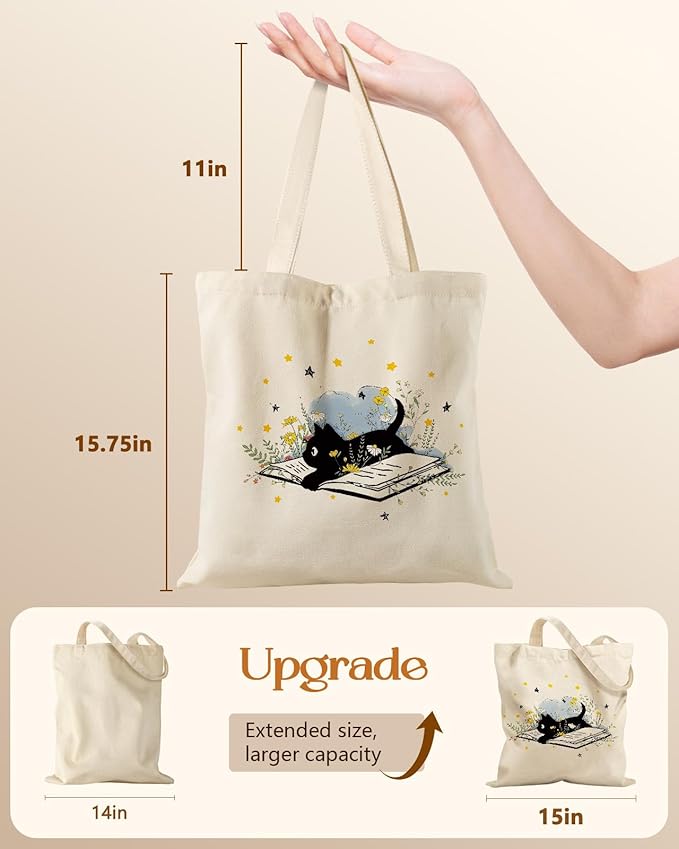 Canvas Tote Bag for Women – Aesthetic Canvas Bag with Zipper Cute Stylish Reusable Shoulder Totes for Shopping Work Daily Vacation, Cat Read