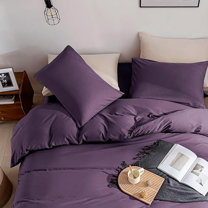 JELLYMONI Purple Duvet Cover Full Size - 100% Washed Cotton Linen Like Textured Comforter Cover, 3 Pieces Breathable Soft Bedding Set with Zipper Closure (Purple, Full 80"x90")