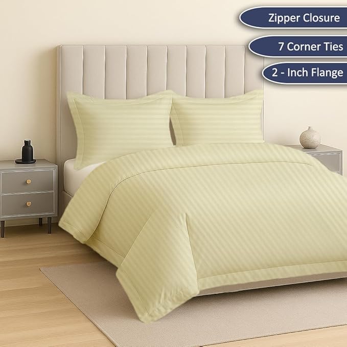 eBeddy Linens Ivory Striped Duvet Cover Set Twin/Twin XL Size 68x90 Inch Egyptian Cotton Soft and Lightweight 3 Pieces (1 Comforter Cover & 2 Pillowcase) Zipper Closure & Corner Ties