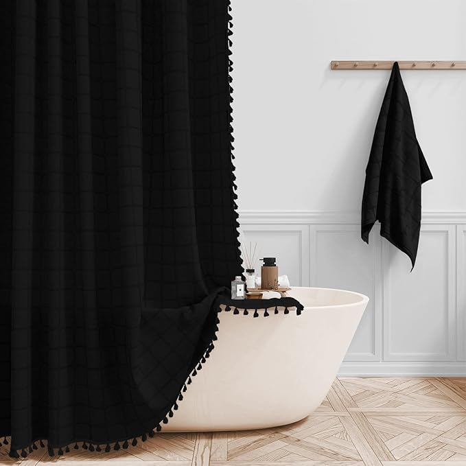 BTTN Black Boho Farmhouse Shower Curtain, Linen Rustic Heavy Duty Fabric Shower Curtain Set with Tassel, Water Repellent, Bohemian Vintage Country Thick Cloth Shower Curtains for Bathroom, 72x72