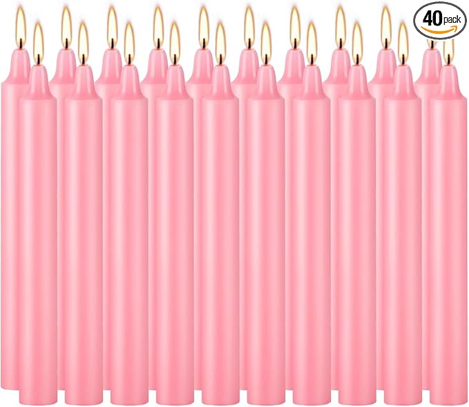Set of 40 Pink Spell & Chime – Premium Mini Taper Candles for Valentine's Day,Wedding,Rituals, Prayer, Birthdays, Meditation, Altar -0.5X4 Inch Tall, Unscented (Pink)