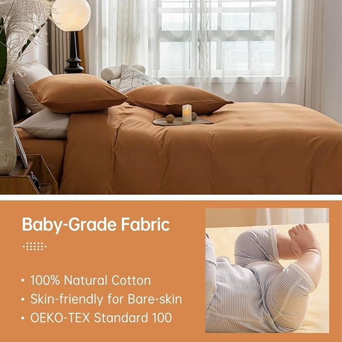 JELLYMONI Cotton Duvet Cover Twin Size - 100% Washed Cotton Linen Feel Textured Comforter Cover, 2 Pieces Breathable Soft Bedding Set with Zipper Closure (Burnt Orange, Twin 68"×90")