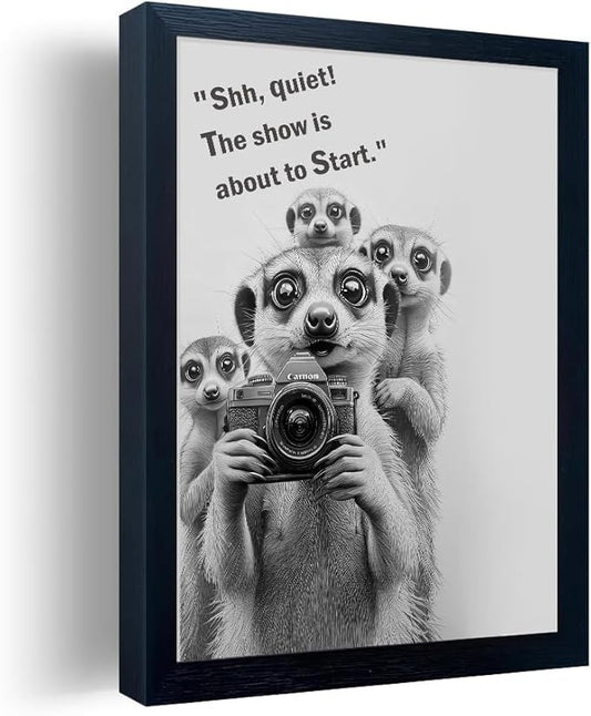 Orvannaatr Frame Bathroom Wall Art, Black and White Meerkat Canvas Wall Art - Meerkat Painting with Camera - for Toilet Bathroom Animal Art- 11 "x 14"