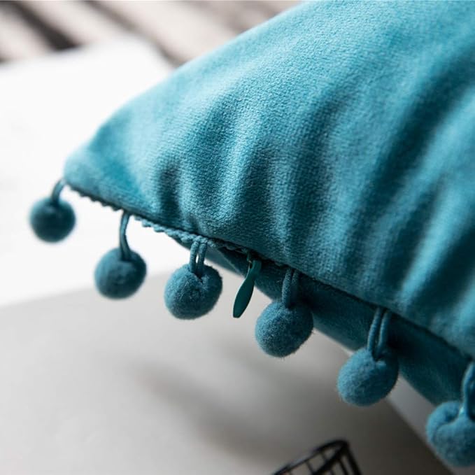 DEZENE Throw Pillow Cases 12x20 Turquoise: 2 Pack Cozy Soft Pom-poms Velvet Rectangular Decorative Pillow Covers for Farmhouse Home Decor