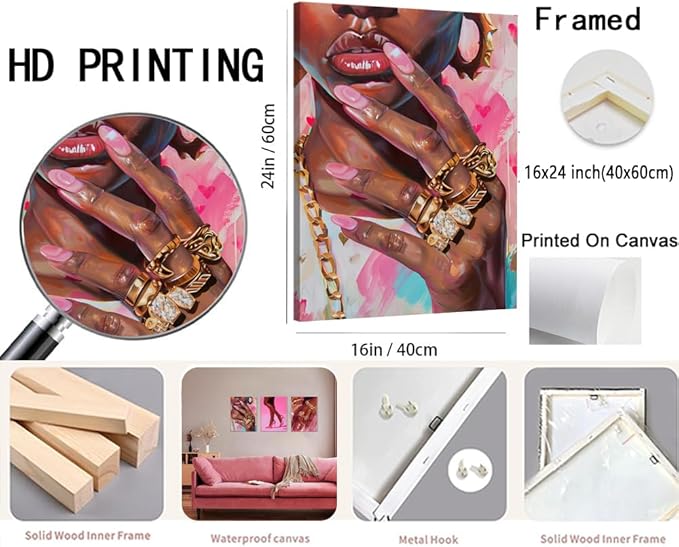 Black Girl Wall Art Set of 3 Pink Fashion Black Woman Canvas Wall Decor Pictures African American Women Paintings Home Decor Posters Prints for Living Room Bedroom Bathroom 16x24Inch Framed