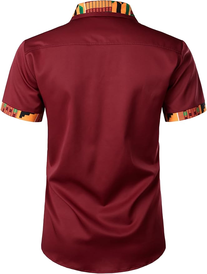 ZEROYAA Men's African Printed Patchwork Design Short Sleeve Button up Shirt