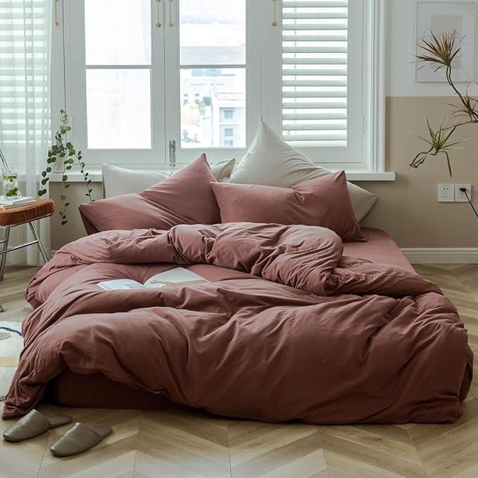 AMWAN Brick Red Duvet Cover Twin Knitted Cotton Solid Color Bedding Set Simple Style Jersey Knit Cotton Comforter Cover Solid Red Bedding Collection 1 Duvet Cover with 2 Pillowcases Twin