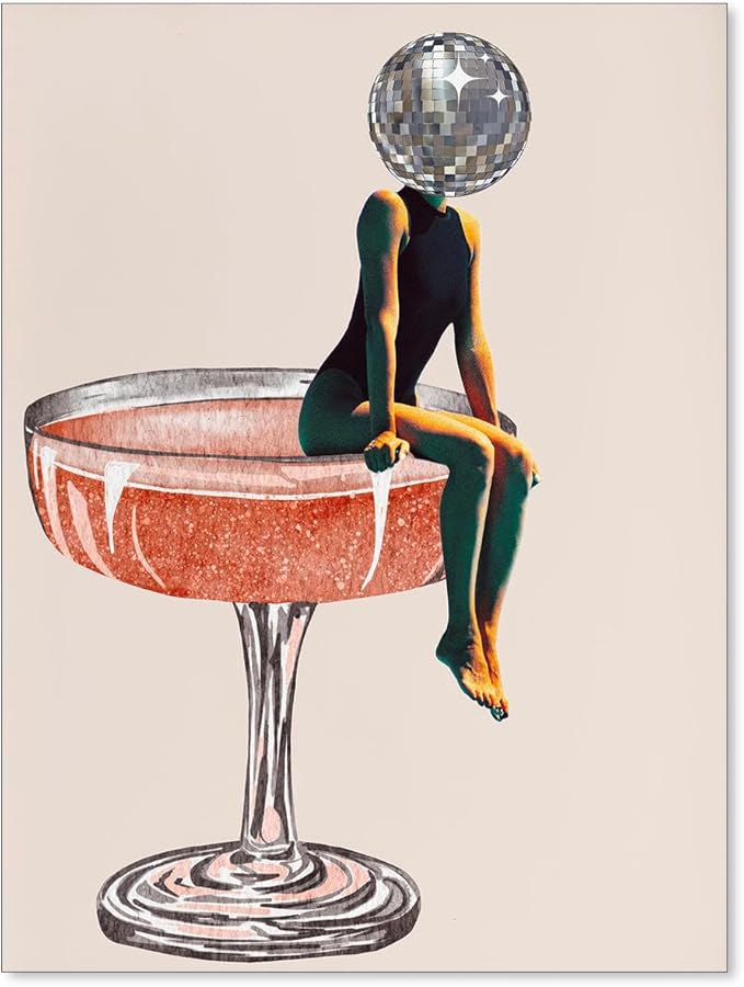 Sufeasdf Funky Disco Ball Girly Head Poster 70s Retro Cocktail Canvas Wall Art Trendy Vintage Beige Prints Painting for Family Bar Wall Decor 08x10 inch Unframed