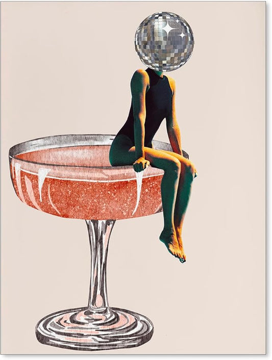 Sufeasdf Funky Disco Ball Girly Head Poster 70s Retro Cocktail Canvas Wall Art Trendy Vintage Beige Prints Painting for Family Bar Wall Decor 12x16 inch Unframed