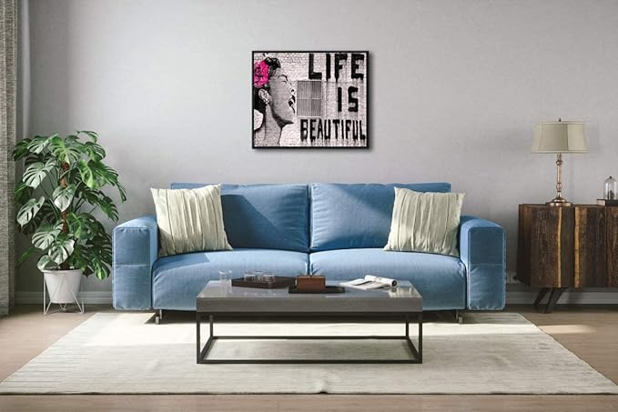 Wieco Art Framed Art Canvas Prints of Banksy Life is Beautiful Abstract Artwork for Wall Decor Black Frame BANKSY-2-5060-BF