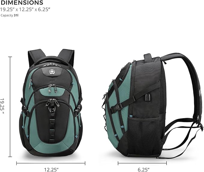 Swissdigital Design Laptop Backpack with USB Charging Port, Travel Backpack Fits 15.6 inches Computer, 31L College School Backpack for Men, Lake Green/Black | SD803