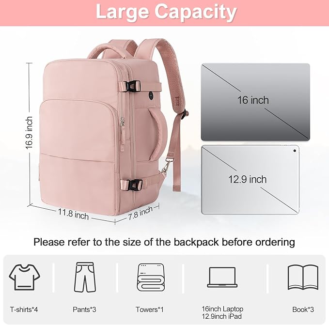 Travel Backpack for Women, Flight Approved Carry On Backpack with USB Charging Hole, Lightweight Travel Bag, Waterproof Causal Bookbag for College, Travel, Work