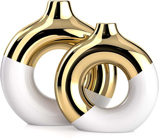 White and Gold Ceramic Vase Set of 2,Round Donut Hollow Flower Vases for Home Decor Accents,Modern Minimalist Centerpiece Table Decorations,Wedding,Living Room,Bookshelf,Office,Entryway