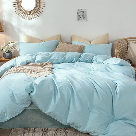MooMee Bedding Duvet Cover Set 100% Washed Cotton Linen Like Textured Breathable Durable Soft Comfy (Heathered Light Blue, Full 80"x90")