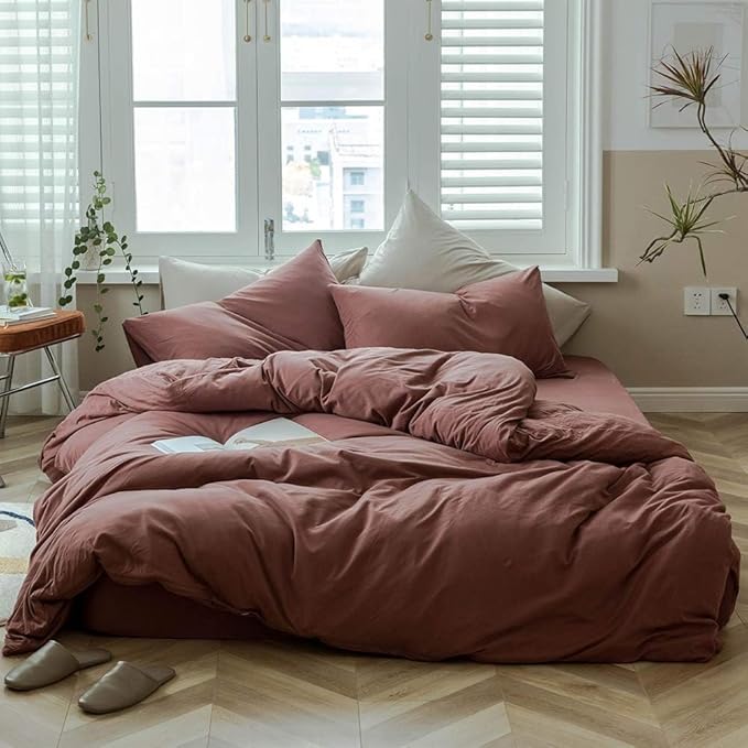 AMWAN Duvet Cover Set, Queen, Brick Red, Jersey Knit Cotton, 100% Cotton, 3 Pieces, Modern Style, Bed Linen